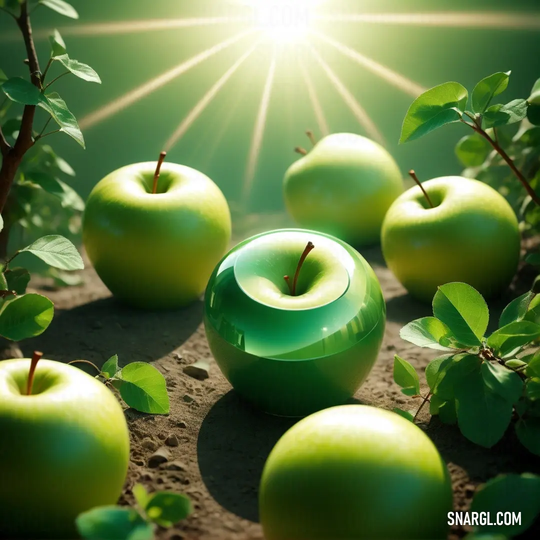 PANTONE 2299 color. Group of green apples on top of a dirt ground next to leaves and a sunburst