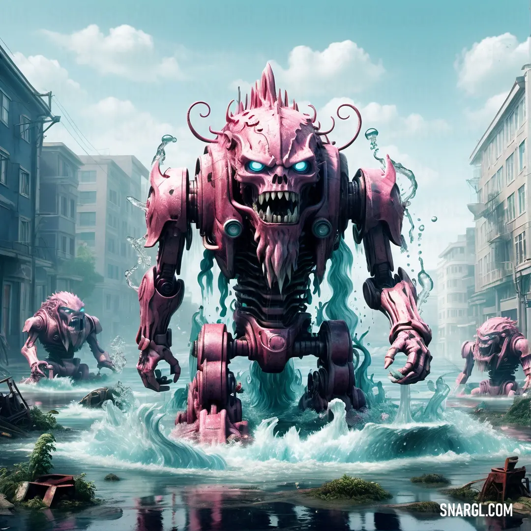 Giant pink robot with a massive head and eyes in a city setting with buildings and water surrounding it. Example of RGB 230,174,203 color.