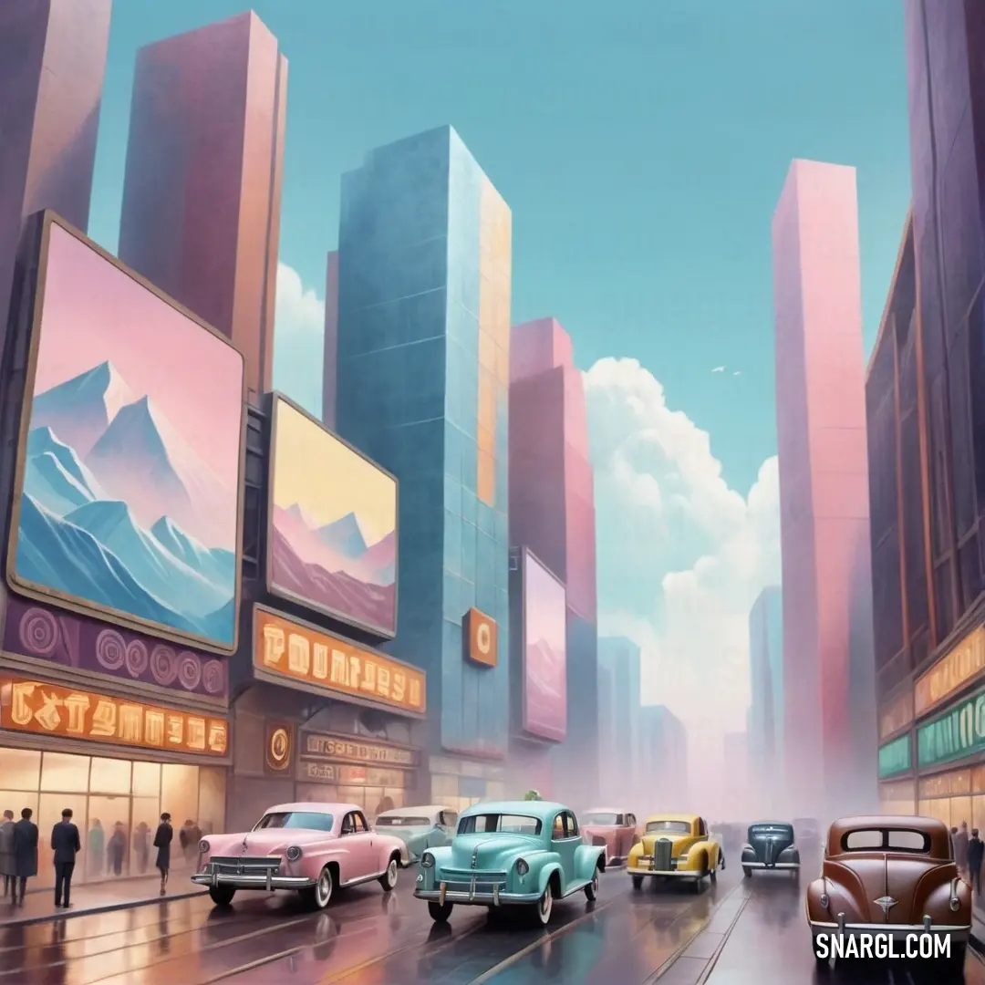 Painting of a city street with cars and people on it and billboards on the buildings and billboards. Example of CMYK 1,41,0,0 color.