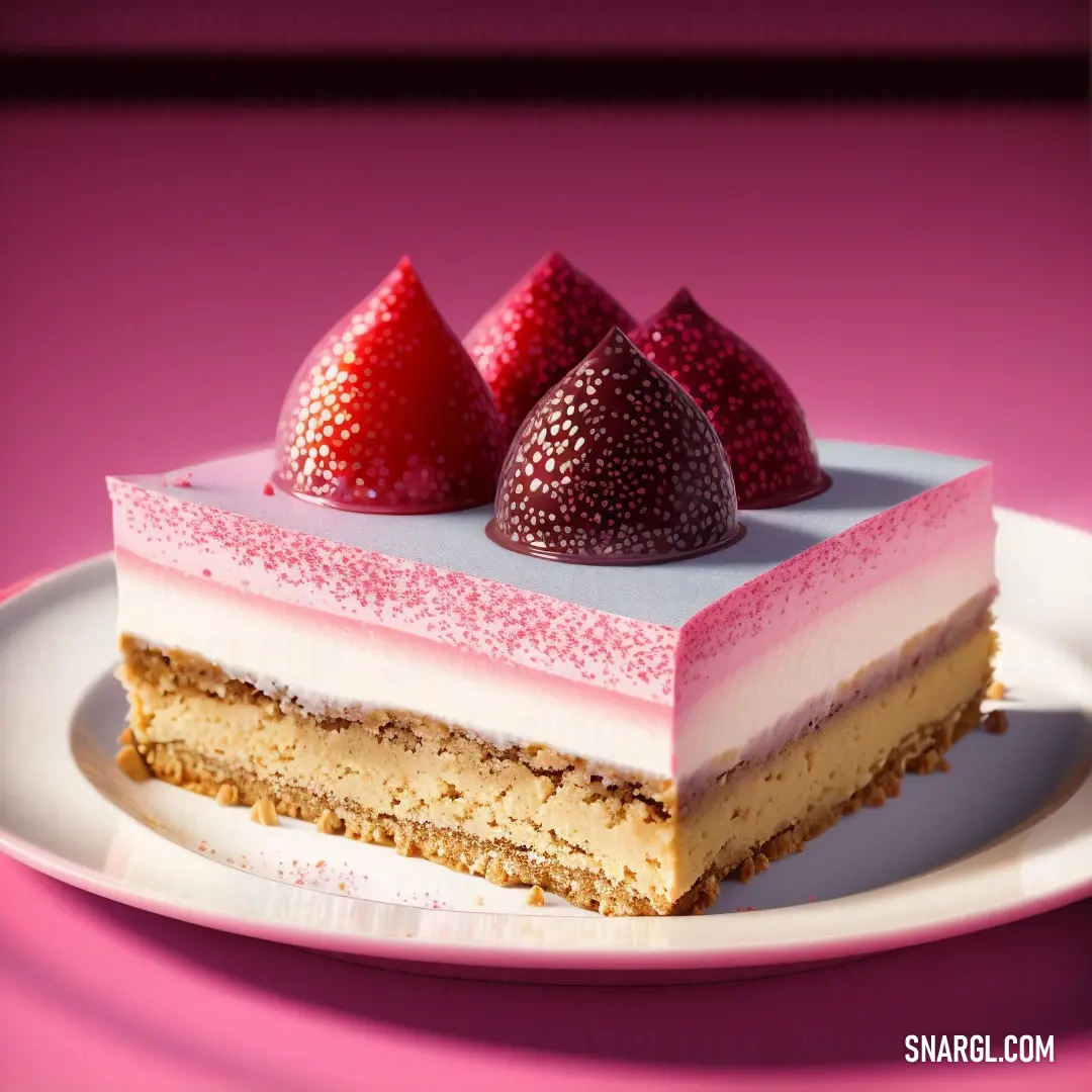 Piece of cake with strawberries on top of it on a plate on a table with a pink background. Color PANTONE 230.