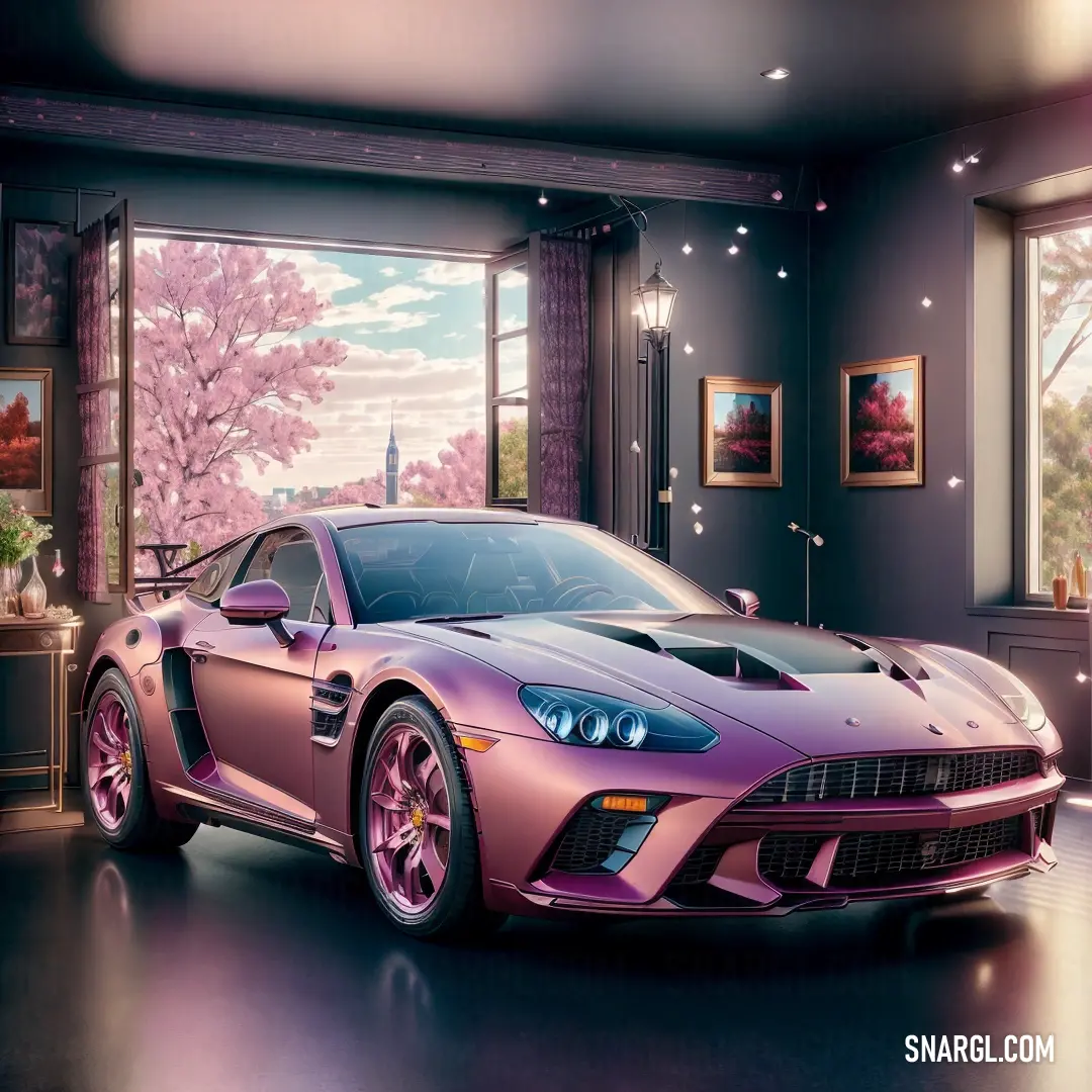 PANTONE 230 color. Pink sports car parked in a room with a large window and a painting of a cherry tree outside