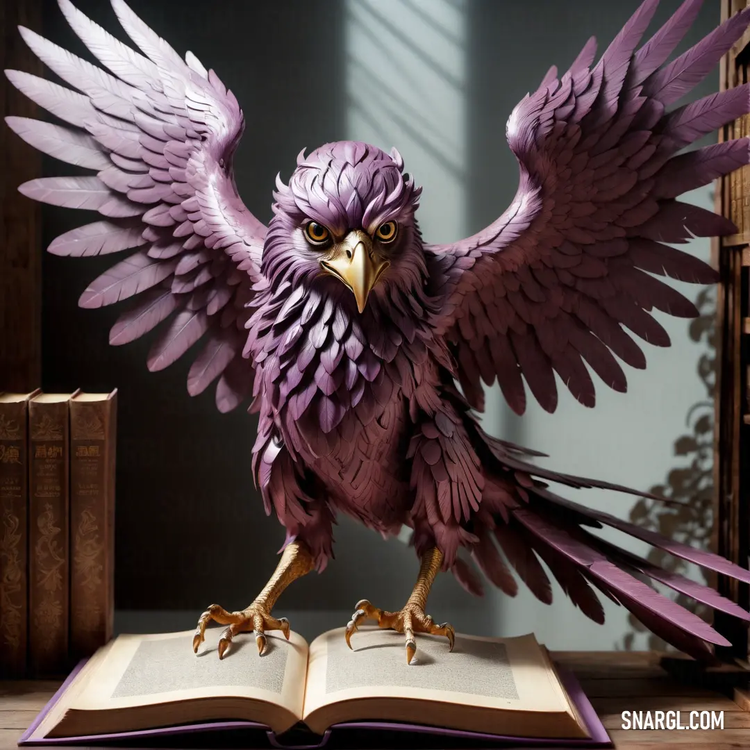 Purple bird is standing on a book and it's wings are spread out and spread out. Color PANTONE 230.