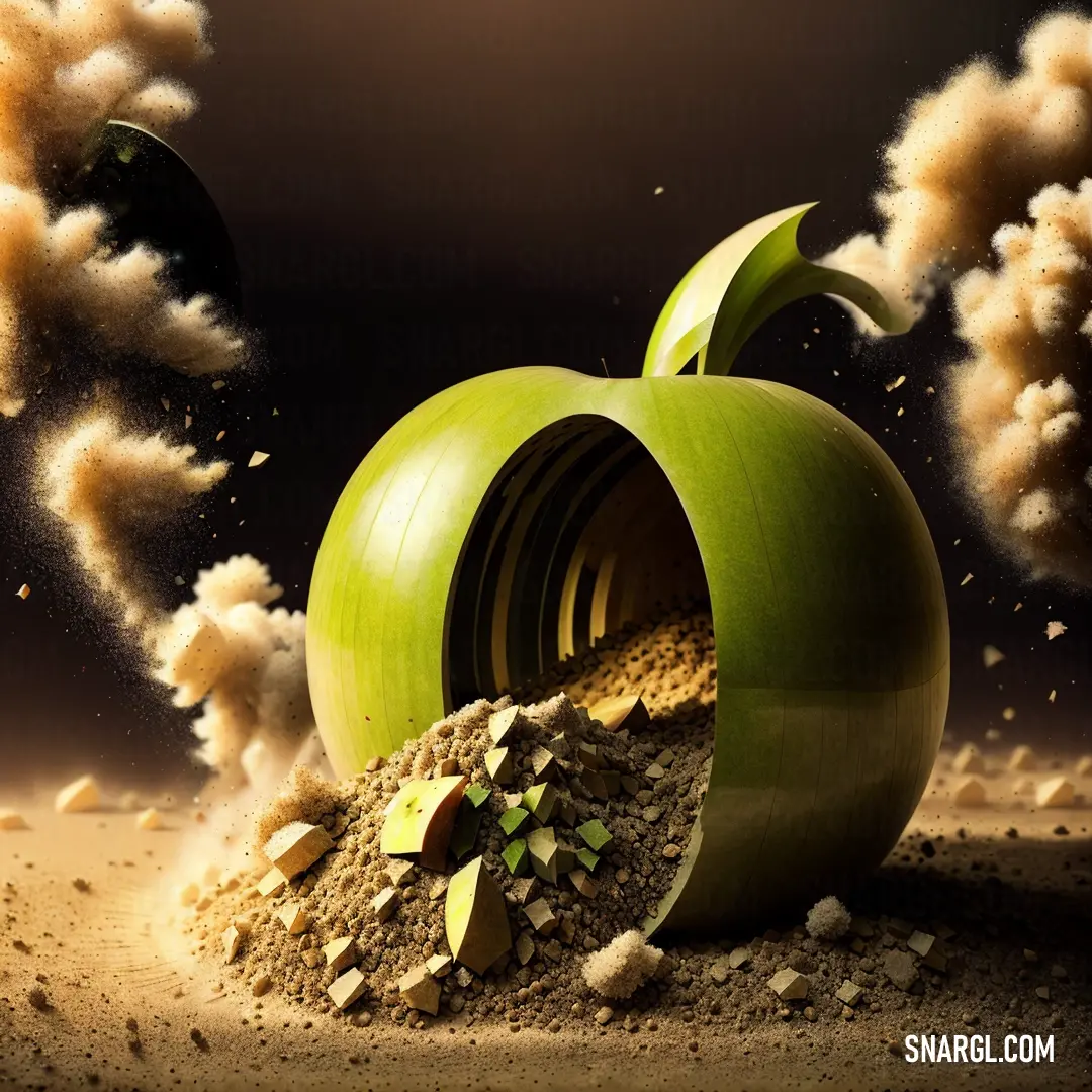 Green apple with a pile of dirt in it's center and smoke coming out of it's back. Color PANTONE 2300.