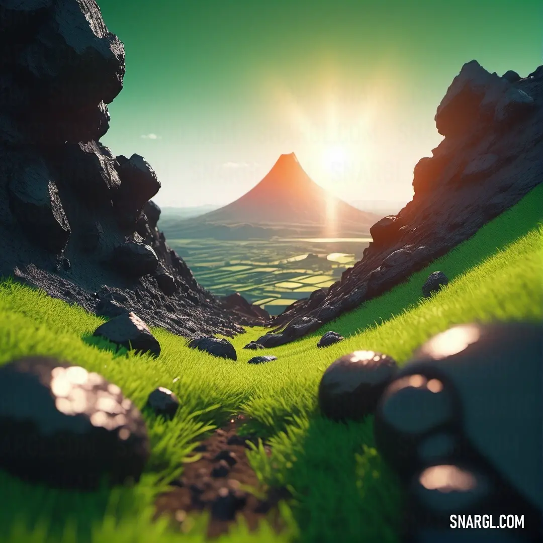 Green landscape with rocks and grass and a mountain in the background. Color CMYK 40,0,89,0.