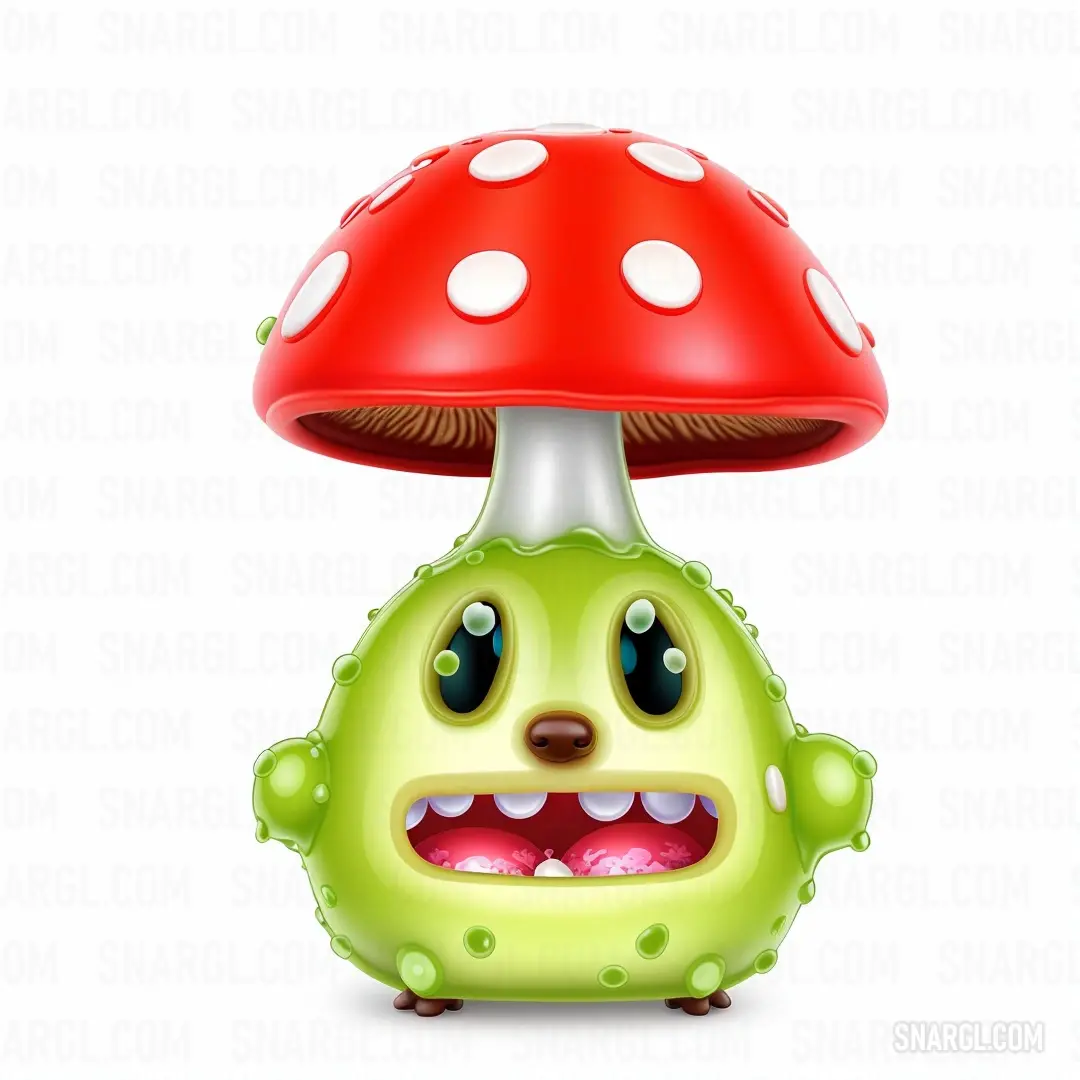 Green monster with a red mushroom on top of it's head and a smile on its face. Color #ABC230.