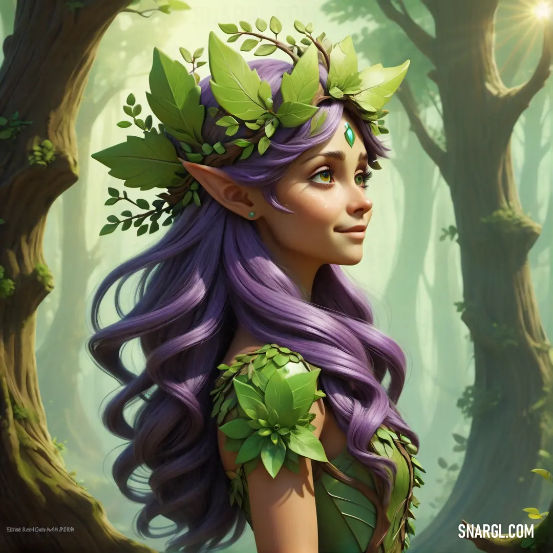 Painting of a woman with purple hair and green leaves on her head in a forest with trees and sun. Example of PANTONE 2300 color.