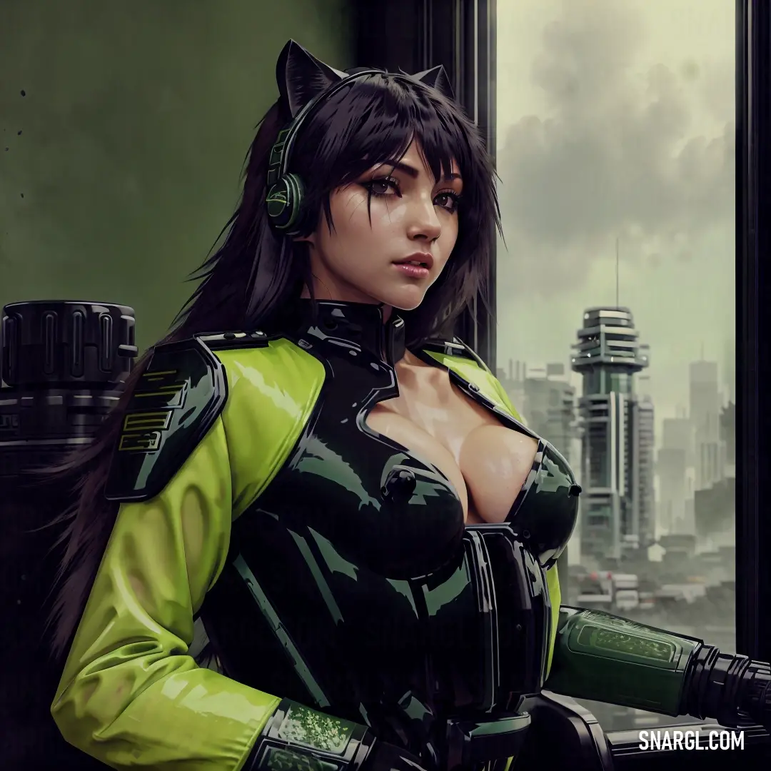 Woman in a green and black outfit with headphones on her ears and a city in the background. Color CMYK 40,0,89,0.