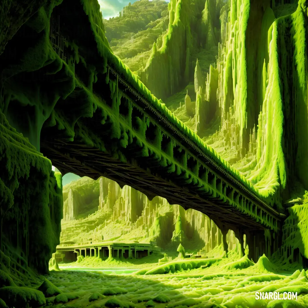 Bridge over a river surrounded by green mountains and trees in a fantasy landscape with mossy rocks and mossy grass