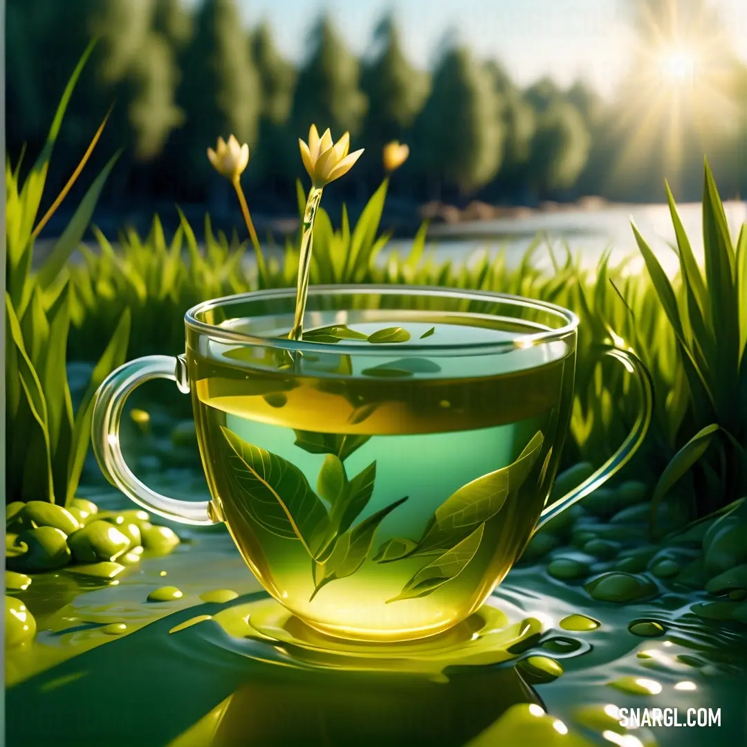 Cup of tea with a flower in it on a table with water and grass in the background. Color CMYK 46,0,100,14.