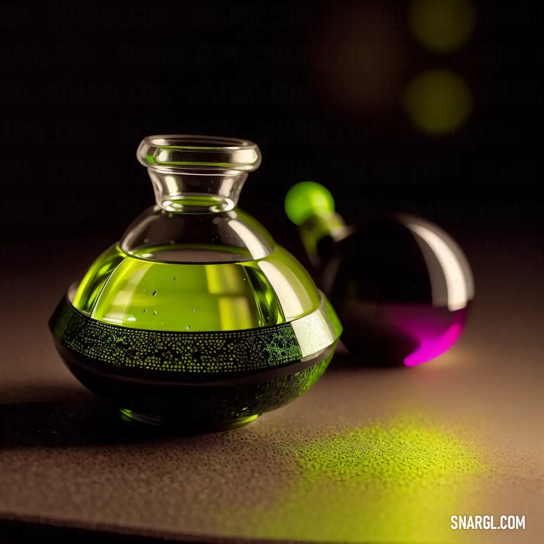 Green glass vase on top of a table next to a black object on a table top with a green light. Color PANTONE 2301.
