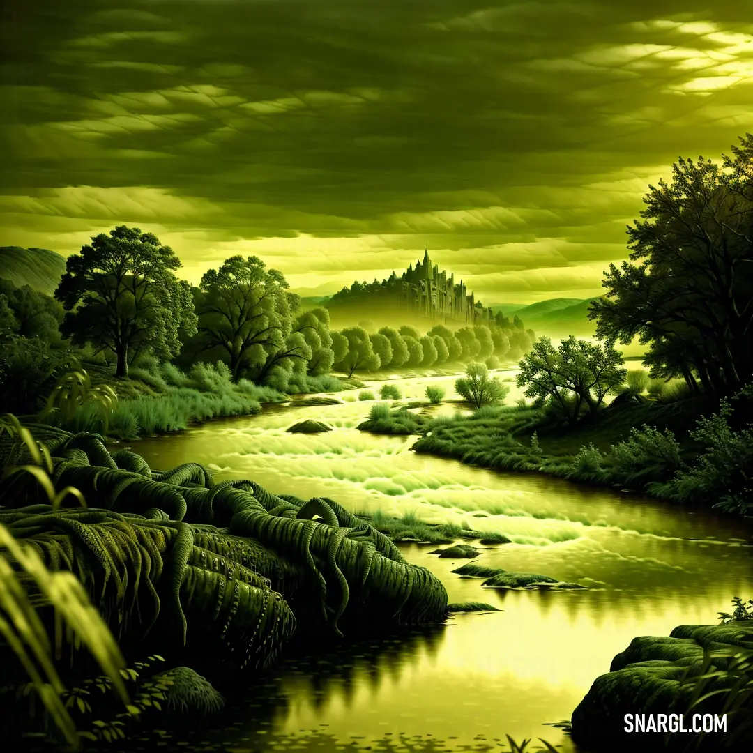 Painting of a river with a green sky in the background. Example of CMYK 46,0,100,14 color.