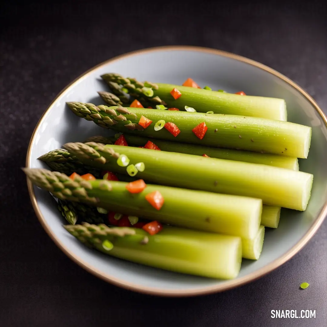 PANTONE 2301 color example: Plate of asparagus with a little bit of pepper on top of it and a few other pieces of asparagus