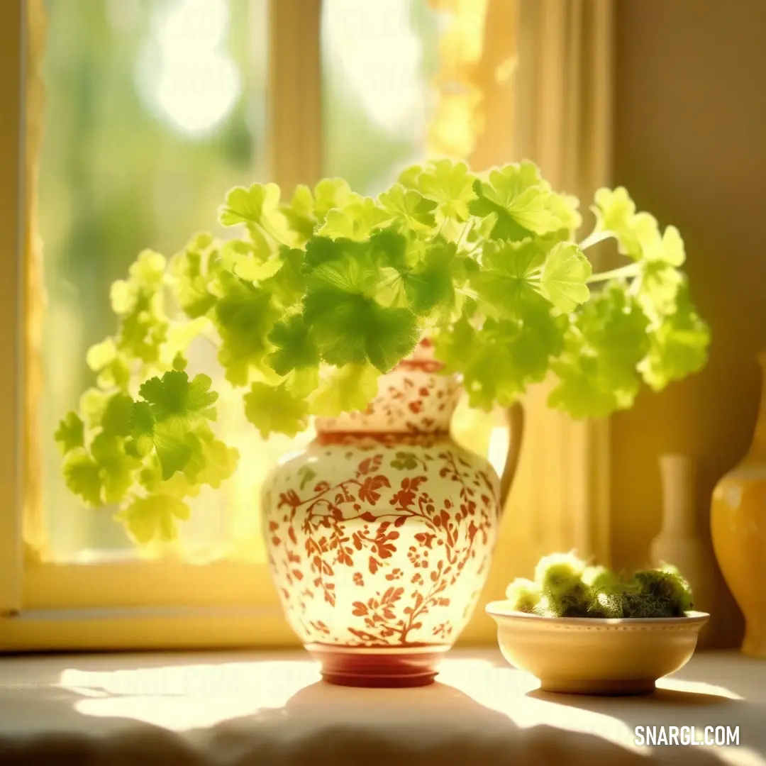 Vase with green flowers next to a bowl of fruit and a window sill with a sunny light coming through. Color #8CA71D.
