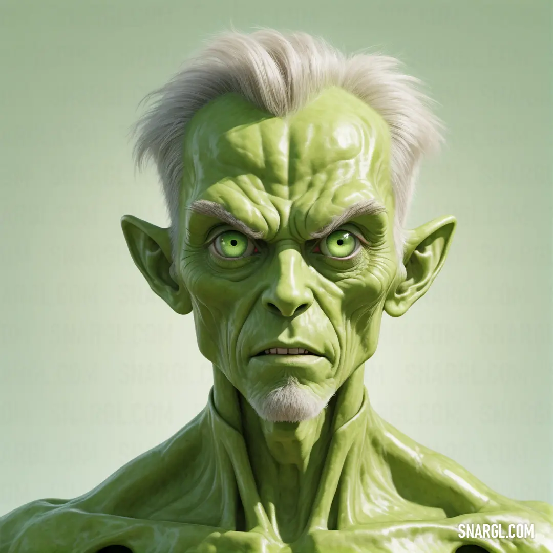 Green man with white hair and a green face and a white beard and a white mustache and a green background. Example of PANTONE 2303 color.