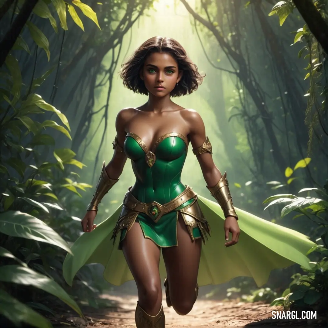 Woman in a green costume is walking through the woods with a green cape on her head and a green cape on her shoulders