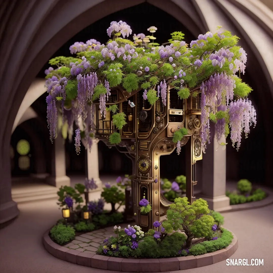 PANTONE 2304 color. Model of a tree with purple flowers on it's branches and a clock on the top of it