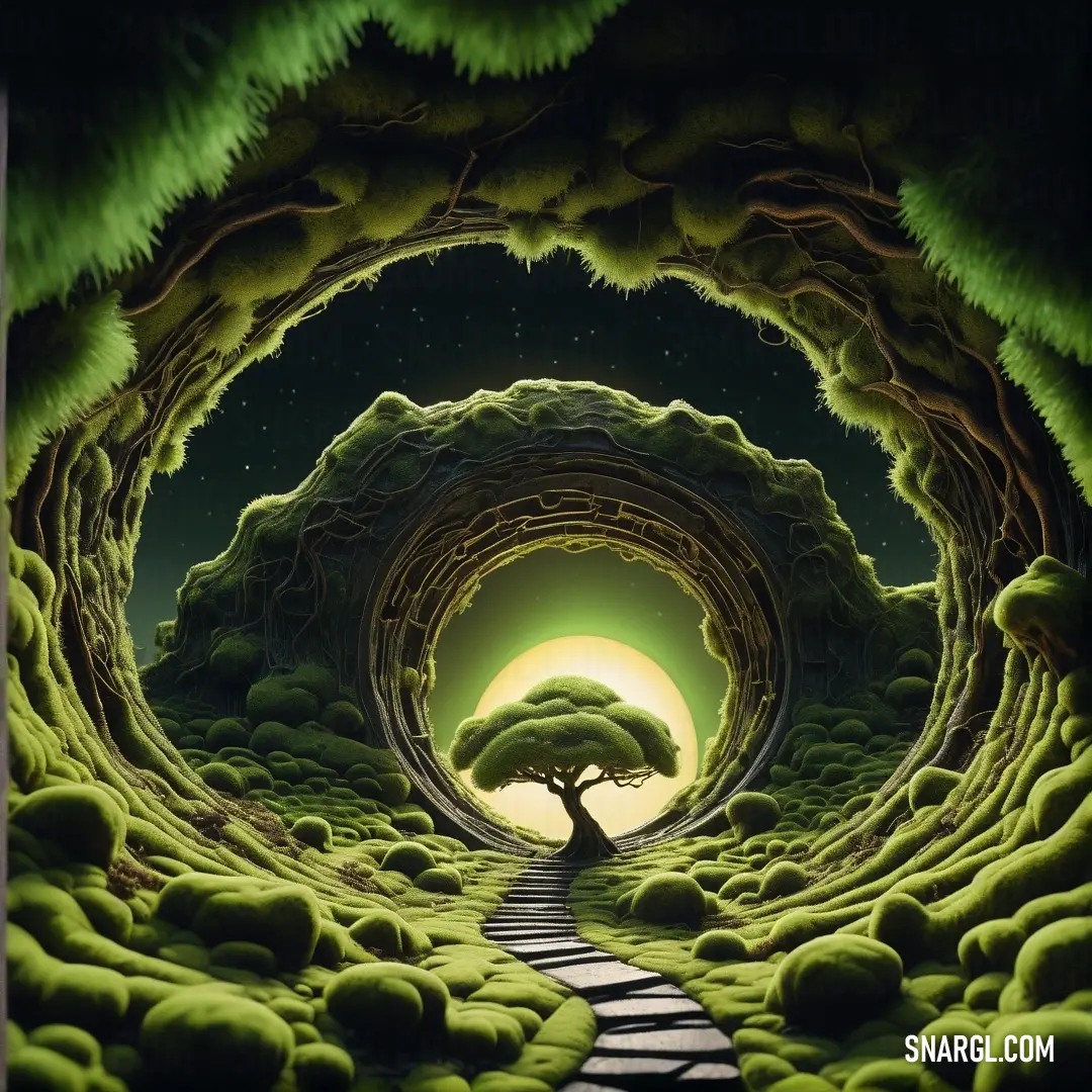Painting of a tree in a tunnel with a pathway leading to it and a full moon in the sky. Example of PANTONE 2304 color.
