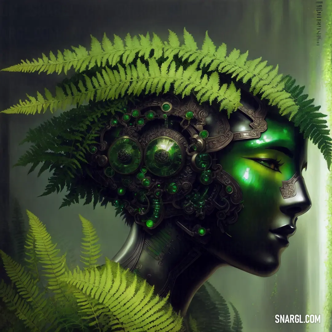 Woman with a green headpiece and a fern in her hair is surrounded by green leaves and a fern. Color #9FAB53.
