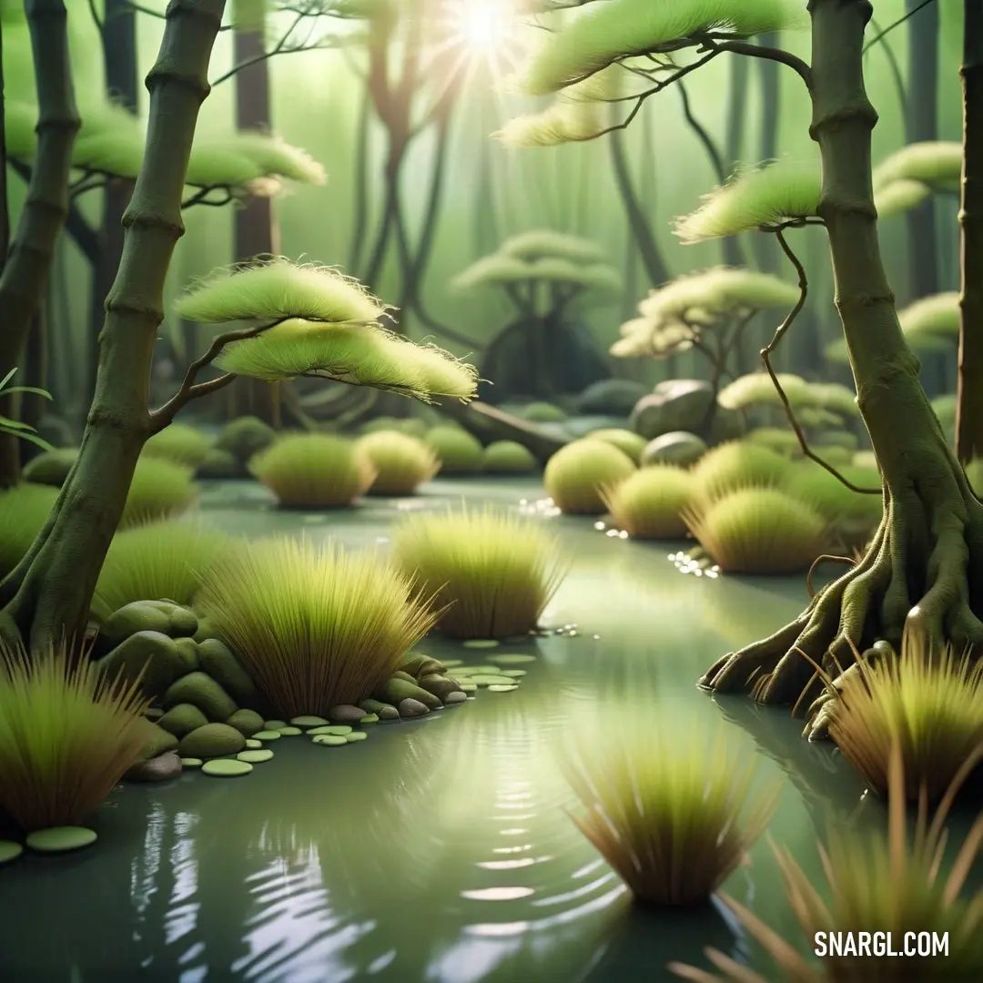 Painting of a pond surrounded by trees and grass with the sun shining through the trees in the background. Color #7D8D2A.