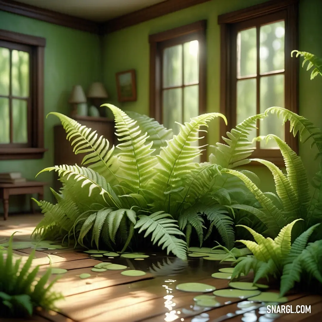 Room with a lot of plants and a window in it with a reflection of the room on the floor. Color RGB 125,141,42.