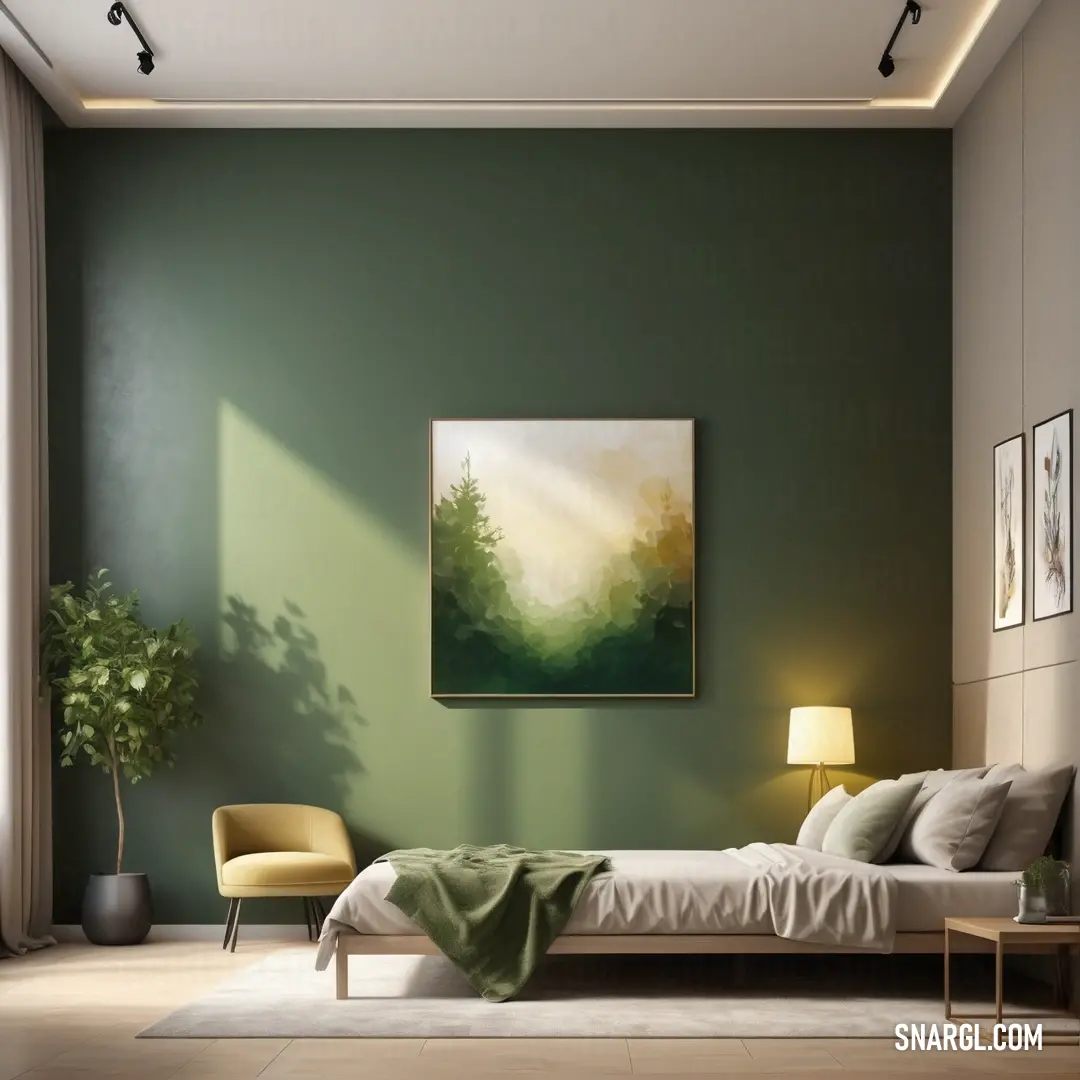 Bedroom with a green wall and a white bed with a green blanket on it and a painting on the wall. Example of #5F6B21 color.