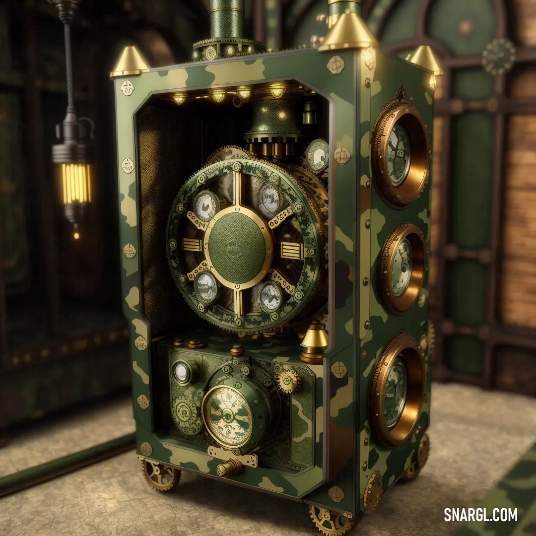 Green and gold clock on top of a table next to a lamp and a mirror in a room. Color #5F6B21.