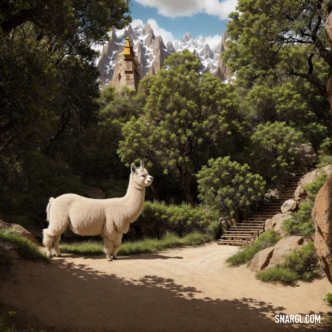 Llama standing on a dirt road in a forest with a steep mountain in the background. Example of #5A561A color.