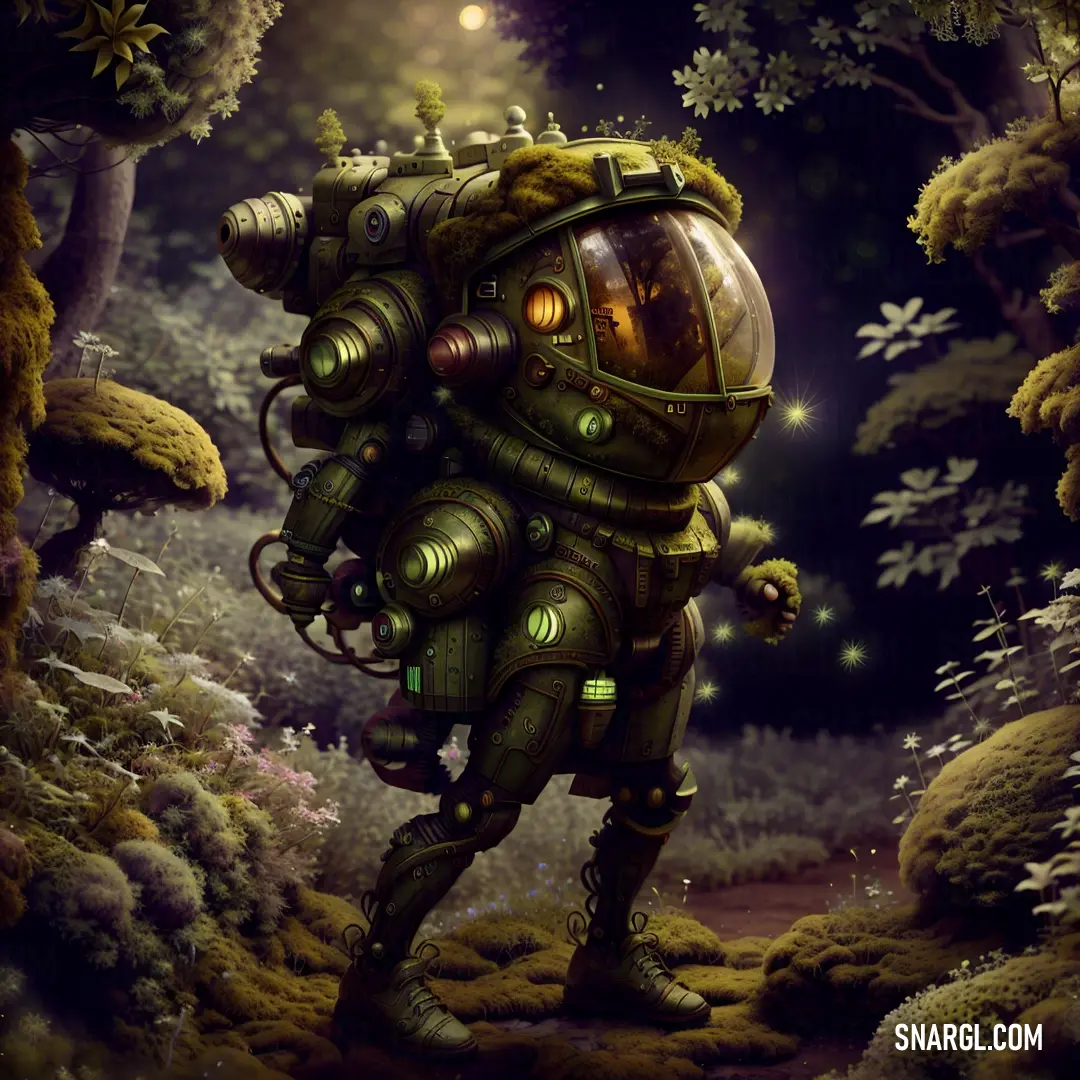 Man in a diving suit in a forest with a flashlight in his hand and a glowing light in his mouth. Example of #5A561A color.