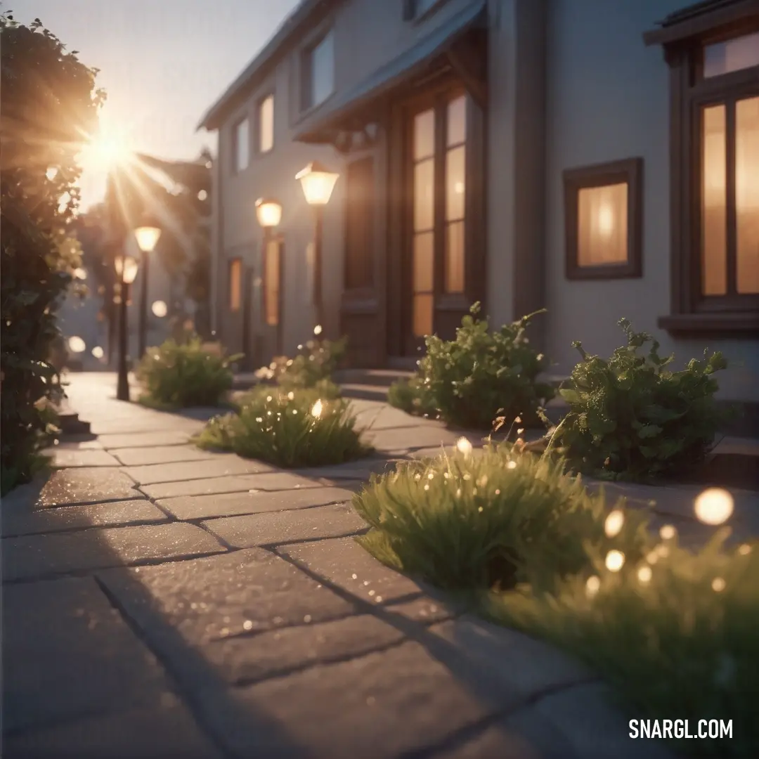Sidewalk with plants and lights on it at night time, with a house in the background. Example of RGB 90,86,26 color.