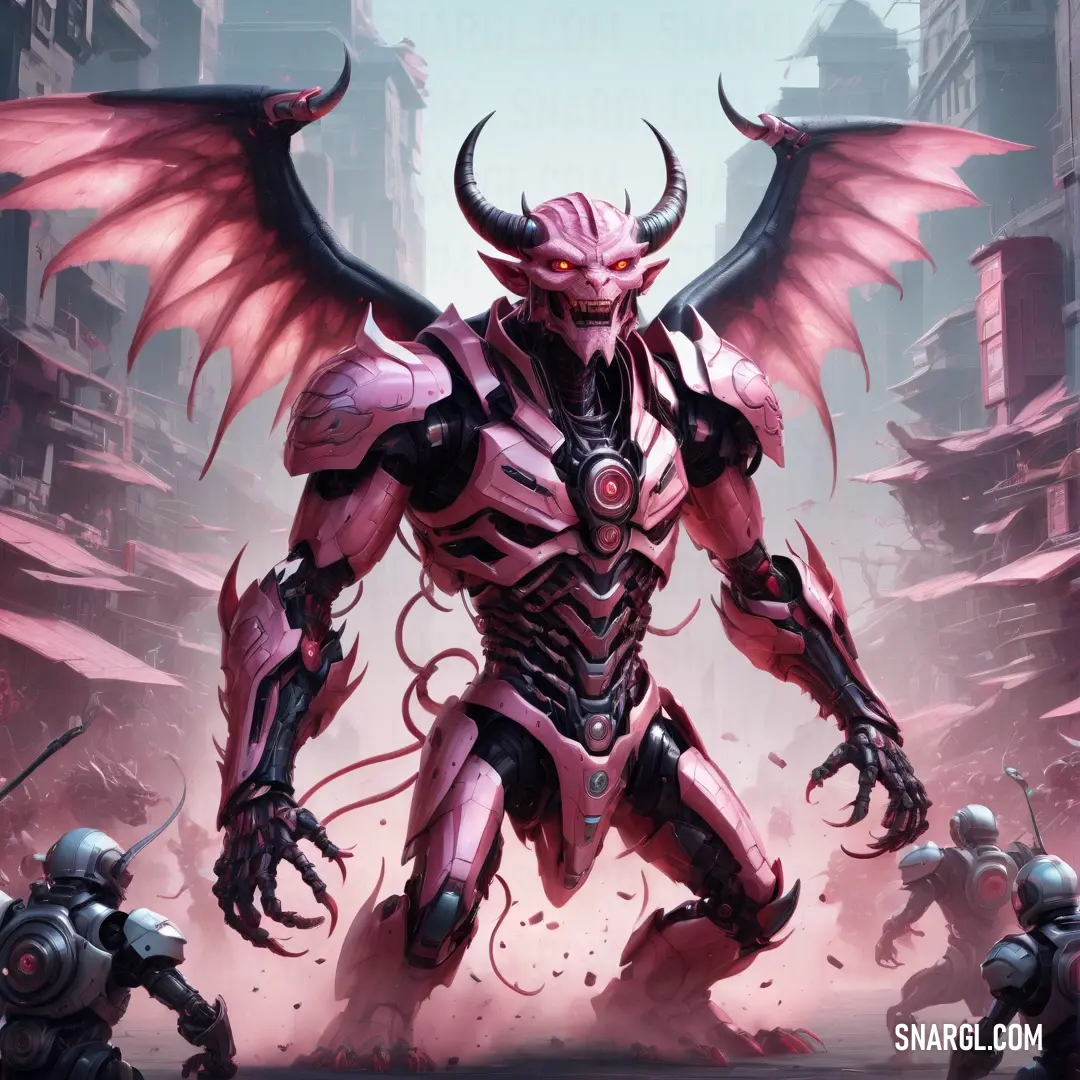 Demonic demon with large wings standing in front of a group of demonic men in a city setting with buildings. Example of #DC8AB6 color.