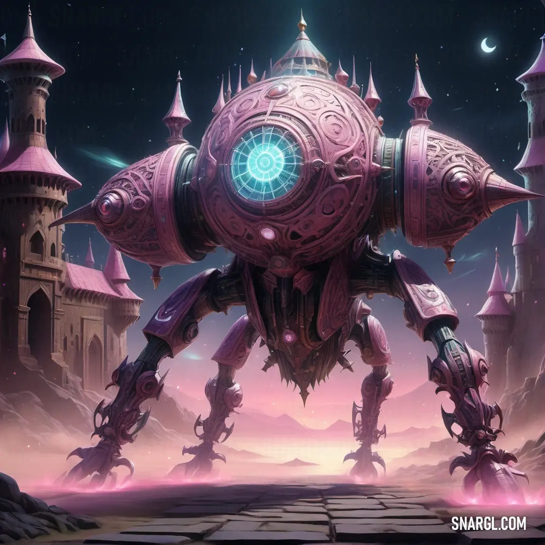 Futuristic robot standing in front of a castle with a giant eyeball in its mouth and a giant body of water in front of it