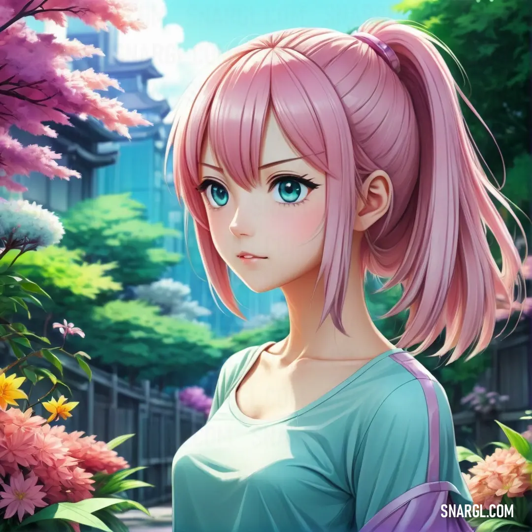 Girl with pink hair and blue eyes standing in front of flowers and trees in a garden with pink flowers. Example of #DC8AB6 color.
