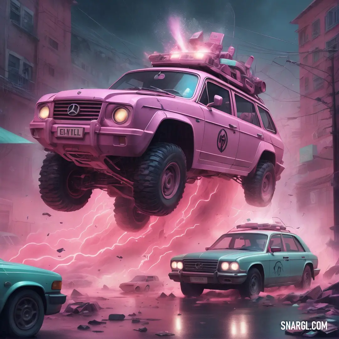 Pink car is flying over a green car in a city with lightning and lightning bolts on it's roof. Example of RGB 220,138,182 color.