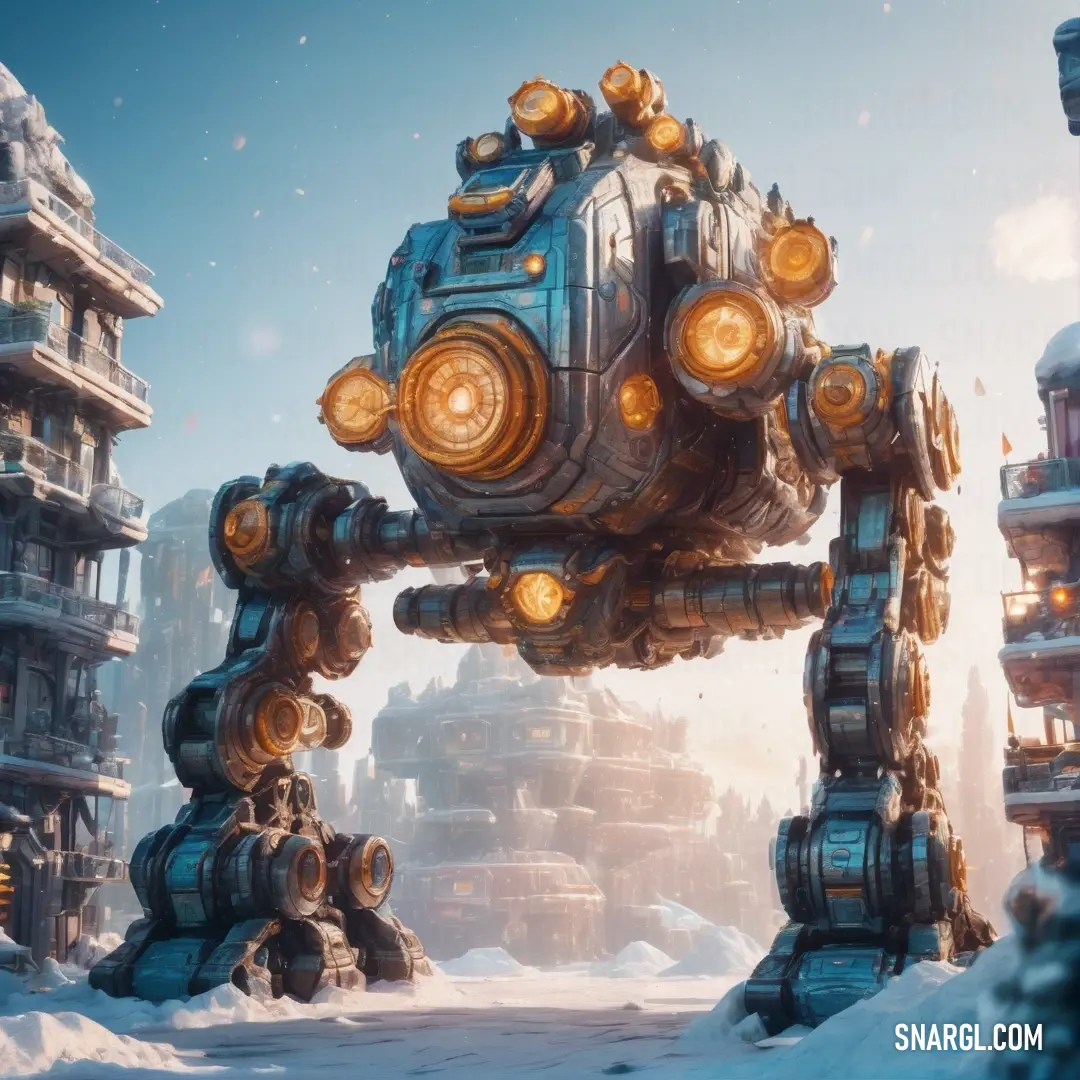 Futuristic city with a giant robot in the middle of it's snow covered ground and buildings in the background. Example of RGB 218,193,171 color.