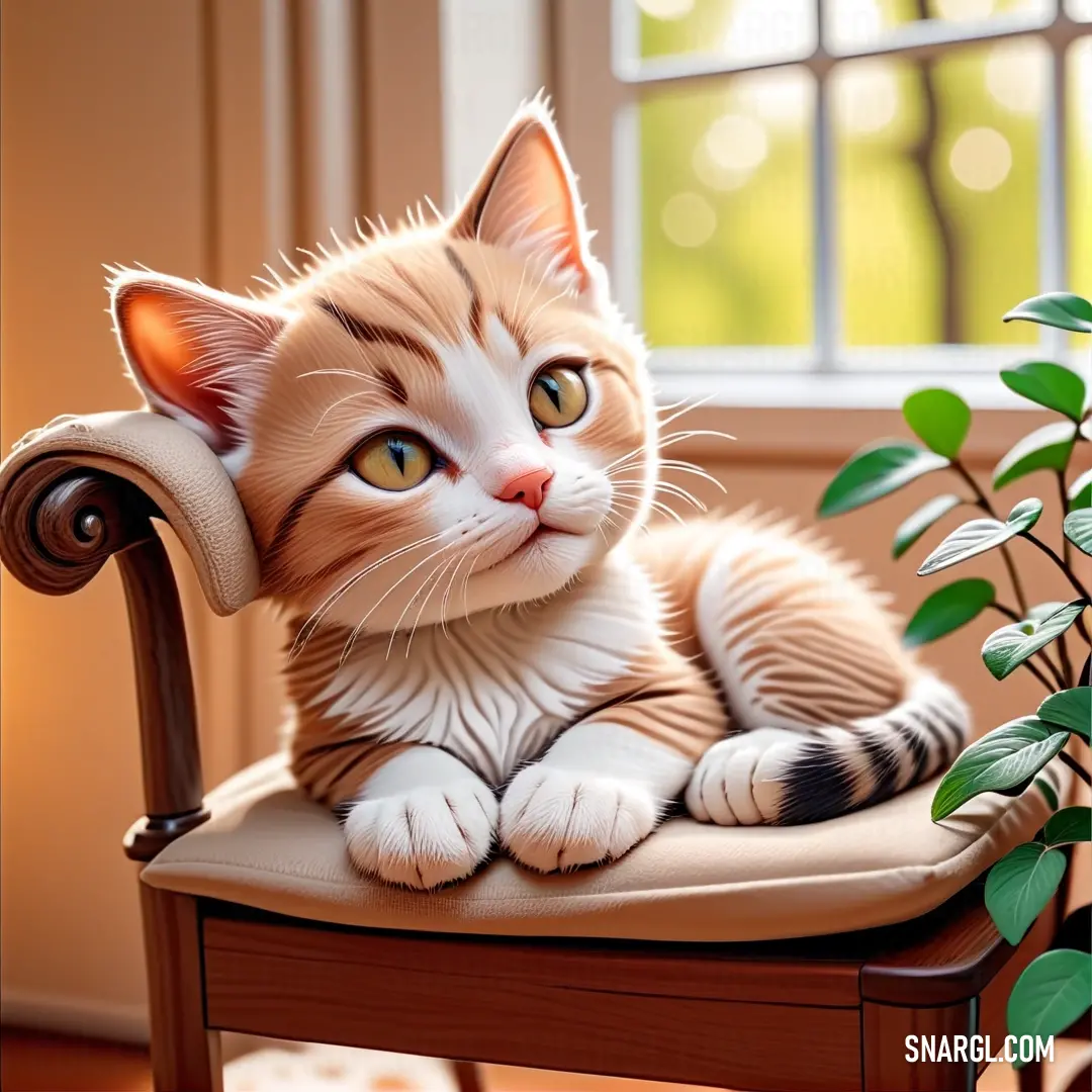 Cat on a chair next to a plant and a window with a green plant in it's corner. Color PANTONE 2311.