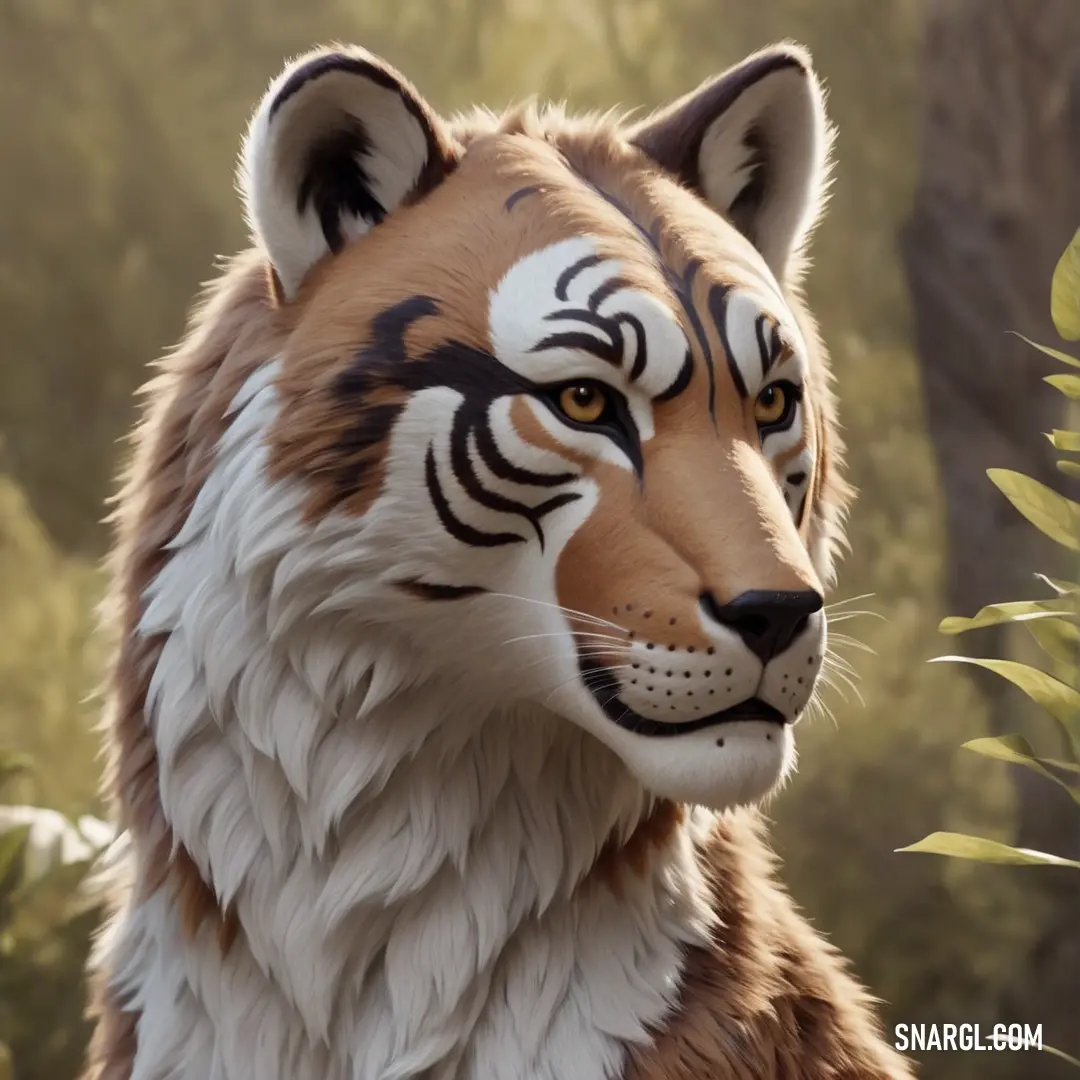 PANTONE 2311 color. Close up of a tiger face with trees in the background