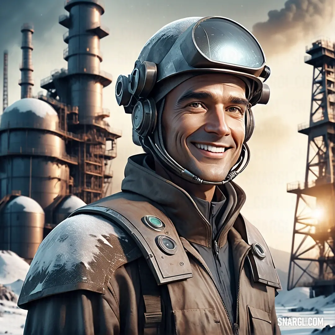 Man in a pilot's outfit and helmet standing in front of a factory with smoke stacks and a sky background. Color #B89980.