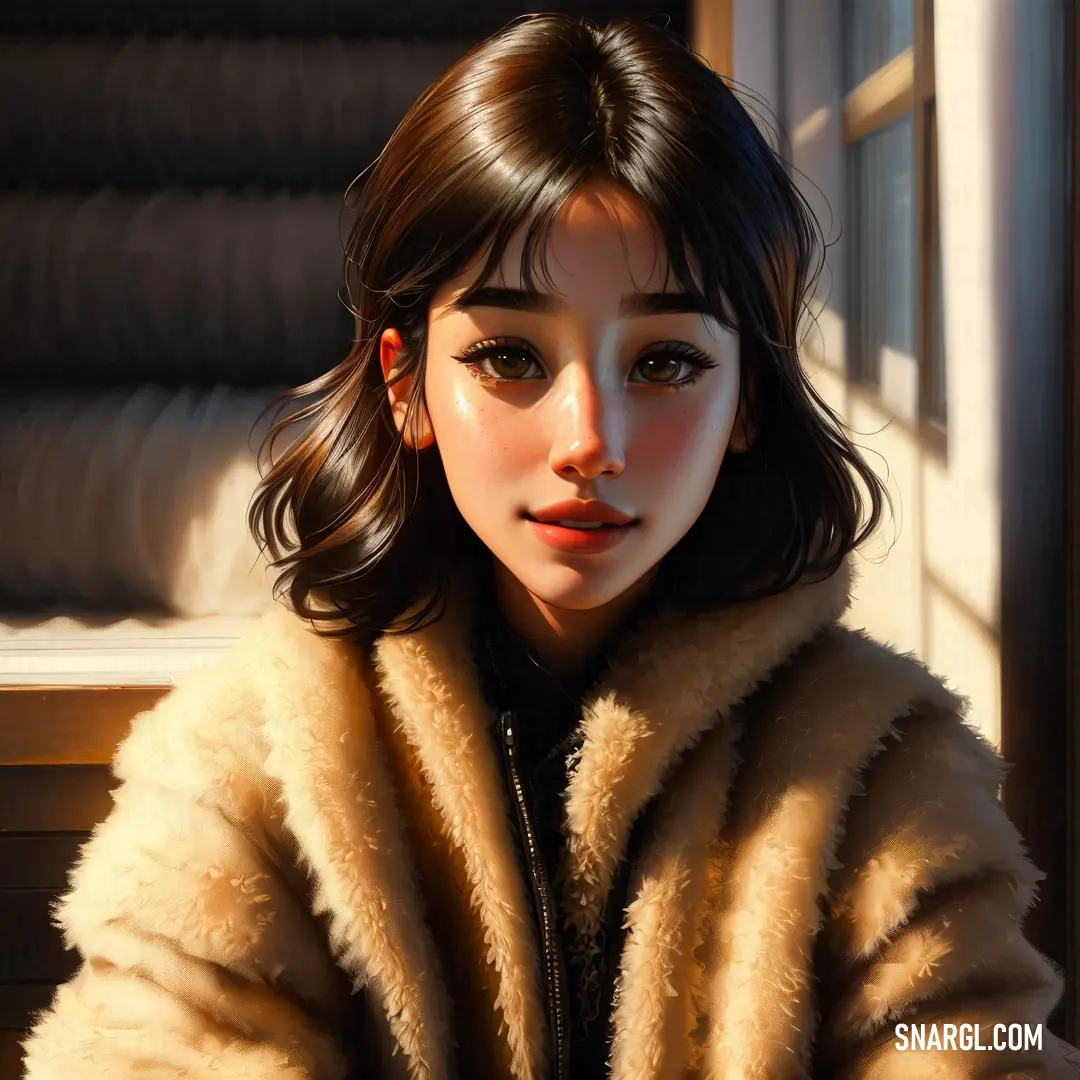 Painting of a woman in a fur coat looking out a window at the camera with a serious look on her face. Example of PANTONE 2313 color.