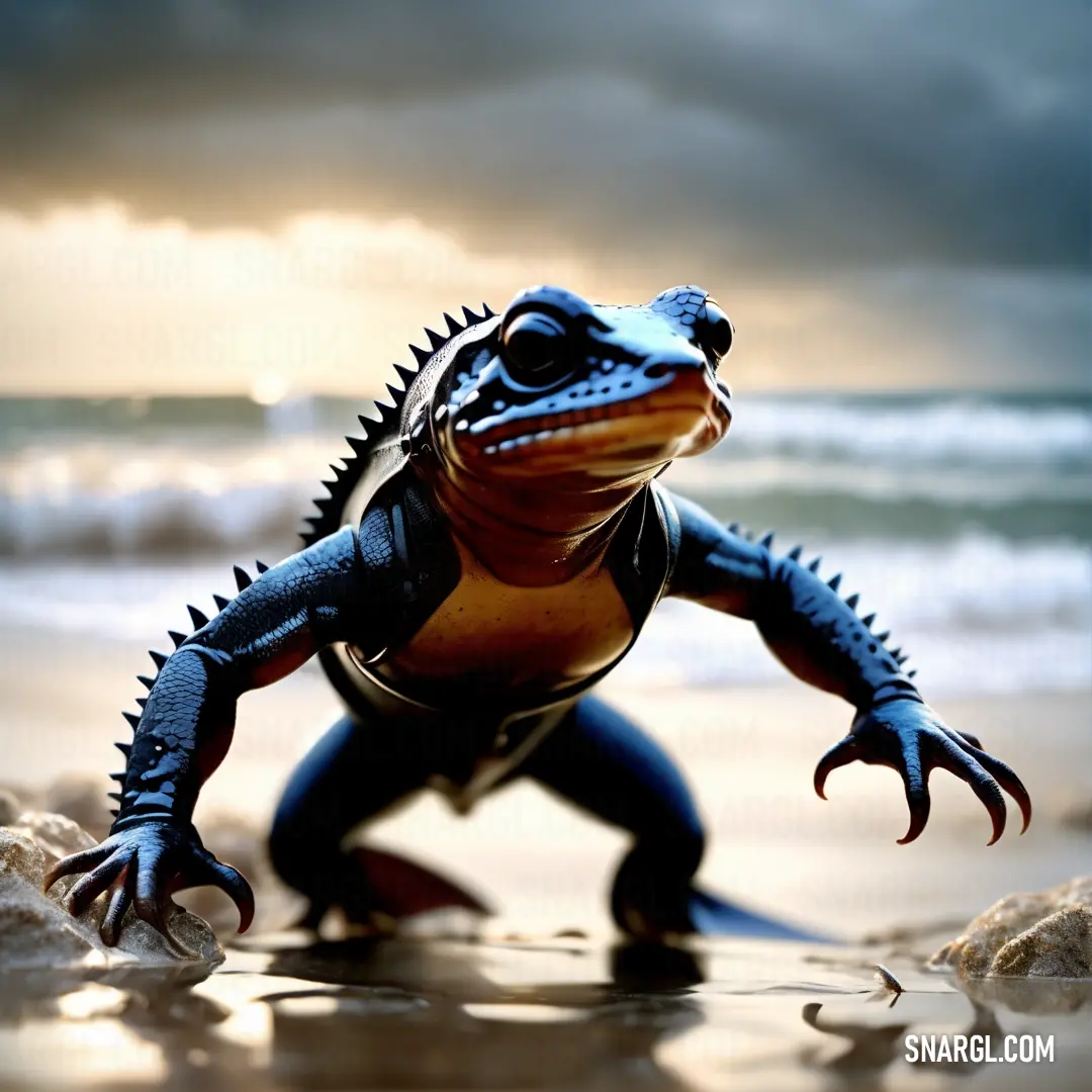 Toy lizard is on the beach near the water and waves in the background. Color #8C4A1D.