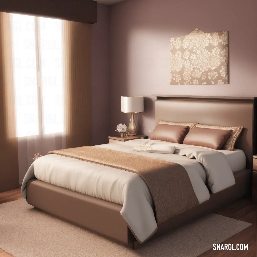 Bedroom with a bed, nightstands. Example of PANTONE 2316 color.