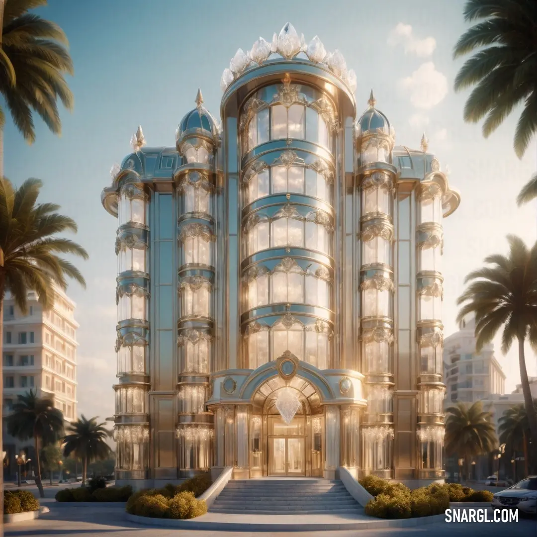 Large building with a lot of windows and palm trees in front of it and a staircase leading to it. Example of PANTONE 2316 color.