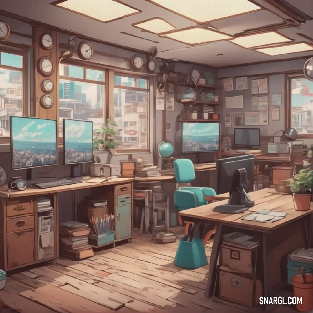 Room with a lot of desks and a lot of windows with a lot of windows on them. Example of #BC9C7D color.