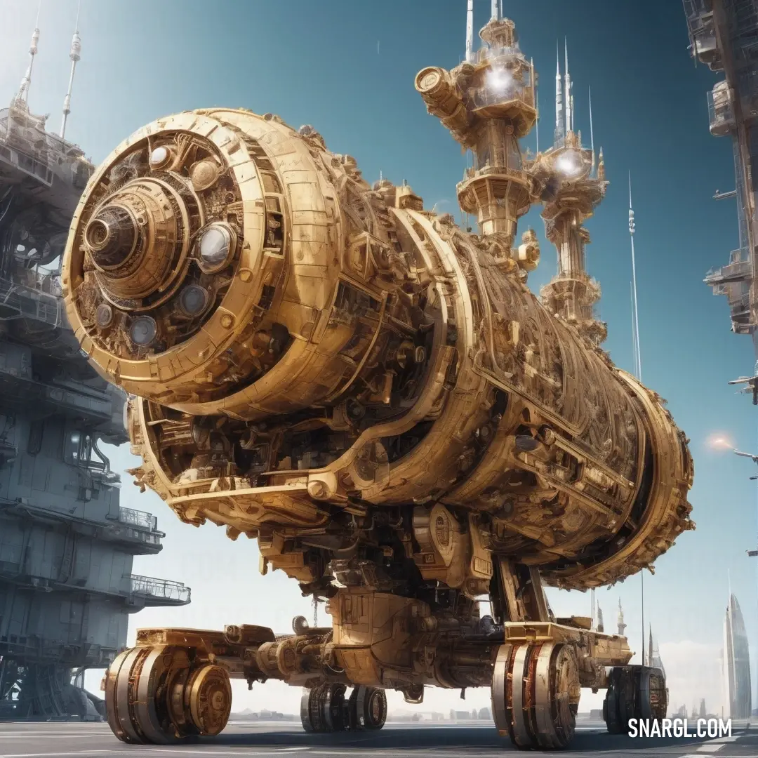 Large gold engine on a trailer in a city setting with a sky background. Color PANTONE 2318.