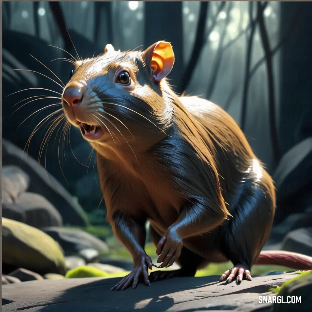 Rat is standing on a rock in the woods and looking up at something with its mouth open and tongue out. Example of #A57E4D color.