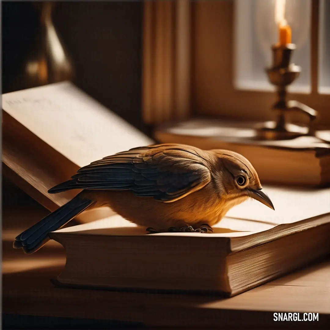 Bird on top of a book on a table next to a candle and a book with a bookmark. Color #855923.