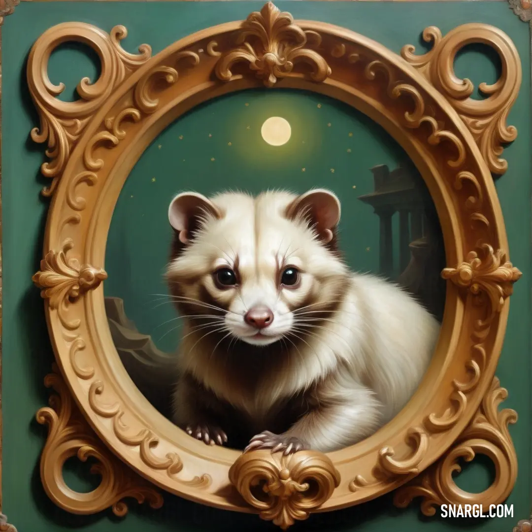 Painting of a ferret in a gold frame on a green wall with a full moon in the background. Color #855923.