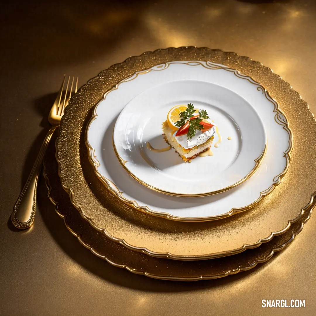 Plate with a piece of cake on it and a fork on the side of it with a gold rim. Example of CMYK 21,63,98,46 color.