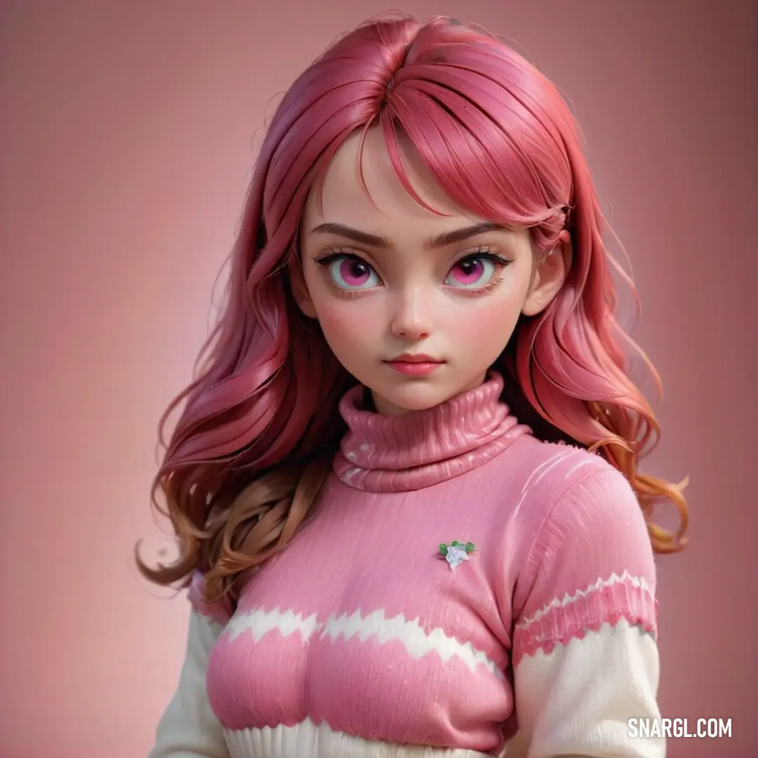 Doll with pink hair and a pink sweater on a pink background. Example of #D576AA color.