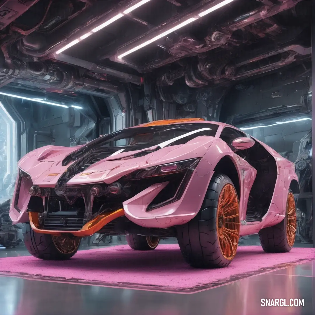 Futuristic car is parked in a garage with a pink carpet and a pink carpet on the floor and a pink carpet on the floor