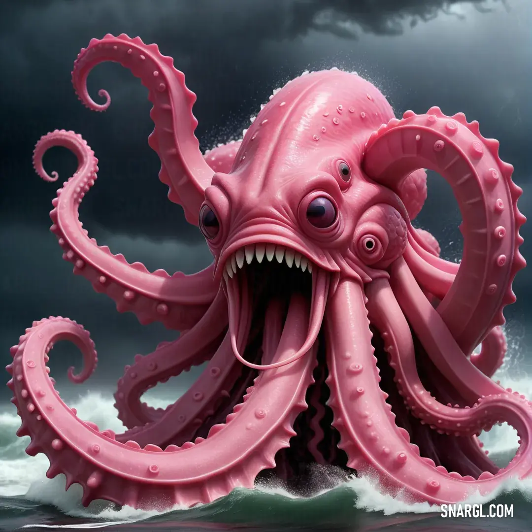 Pink octopus with its mouth open in the water with a dark sky background. Example of RGB 213,118,170 color.
